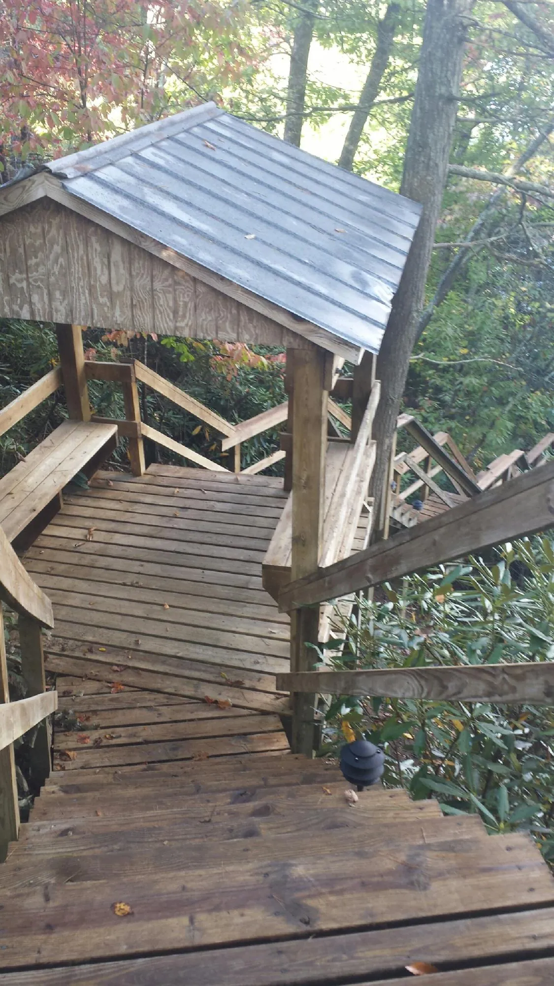 Metal roofed shelter over wooden steps on a wooded walkway — Skylight Repair & Installation work by our crew in Spartanburg
